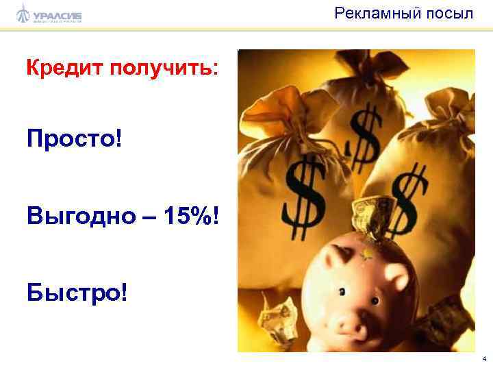 Рекламный посыл Кредит получить: Просто! Выгодно – 15%! Быстро! 4 