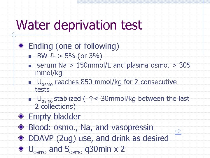 Water deprivation test Ending (one of following) n n BW > 5% (or 3%)