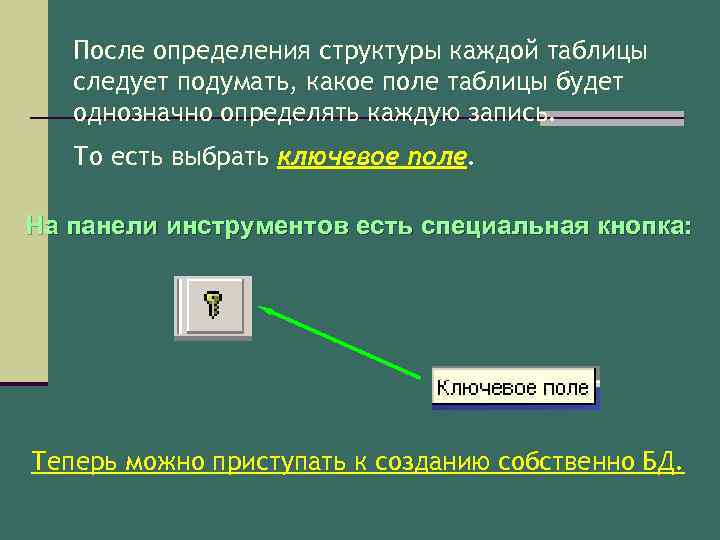 После определения структуры каждой таблицы следует подумать, какое поле таблицы будет однозначно определять каждую