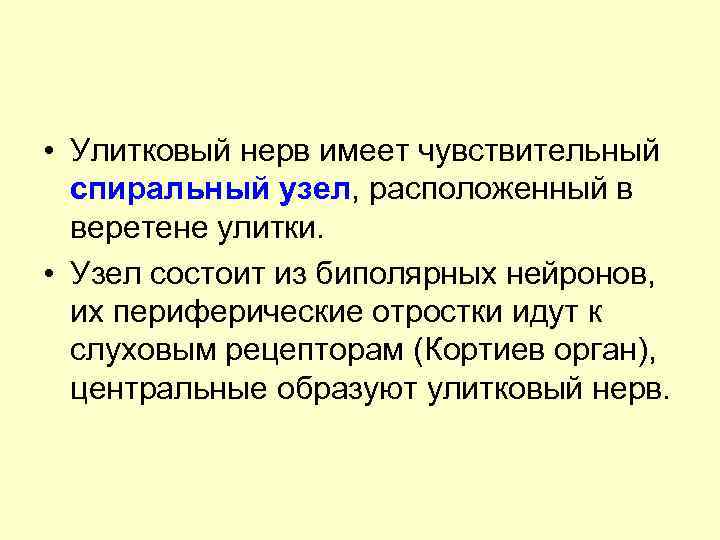  • Улитковый нерв имеет чувствительный спиральный узел, расположенный в веретене улитки. • Узел