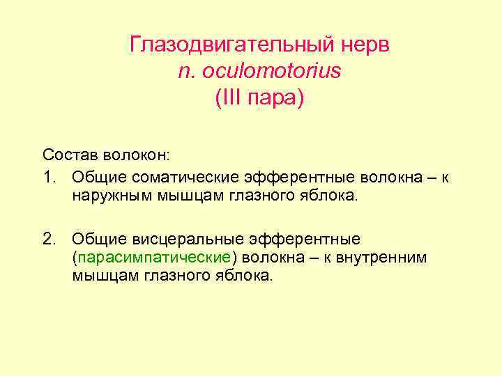 Глазодвигательный нерв n. oculomotorius (III пара) Состав волокон: 1. Общие соматические эфферентные волокна –