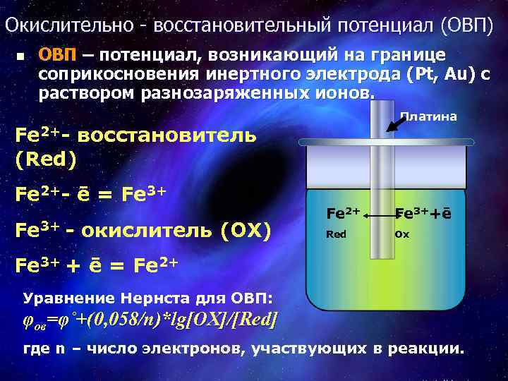 Окислительно - восстановительный потенциал (ОВП) n ОВП – потенциал, возникающий на границе соприкосновения инертного