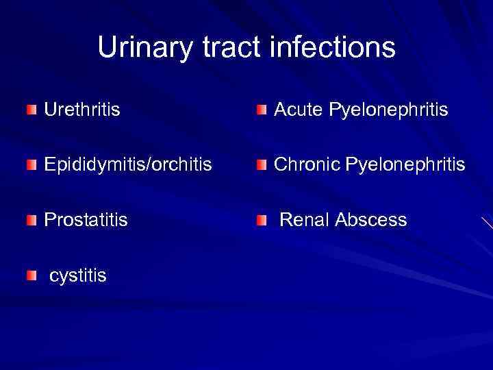 Urinary tract infections Urethritis Acute Pyelonephritis Epididymitis/orchitis Chronic Pyelonephritis Prostatitis Renal Abscess cystitis 