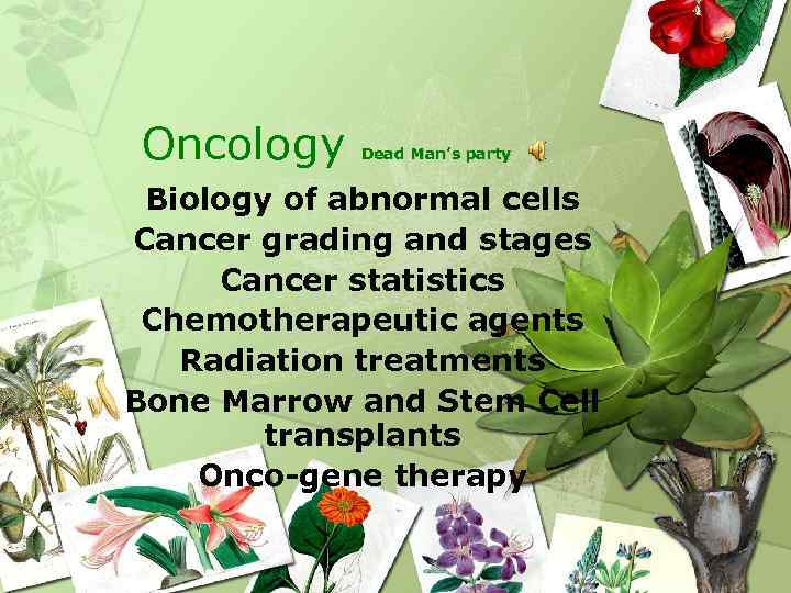 Oncology Dead Man’s party Biology of abnormal cells Cancer grading and stages Cancer statistics