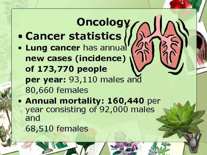 Oncology • Cancer statistics • Lung cancer has annual new cases (incidence) of 173,