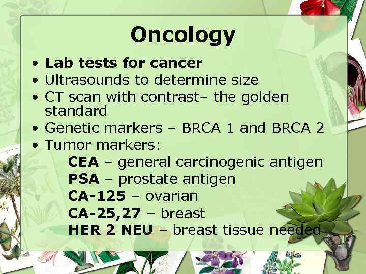 Oncology • Lab tests for cancer • Ultrasounds to determine size • CT scan