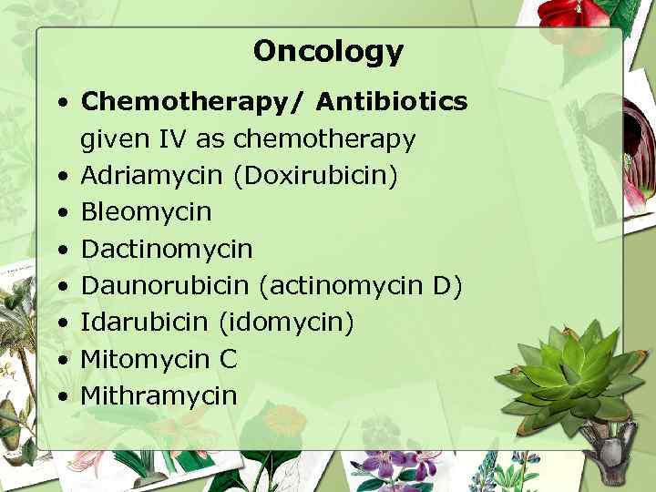 Oncology • Chemotherapy/ Antibiotics given IV as chemotherapy • Adriamycin (Doxirubicin) • Bleomycin •