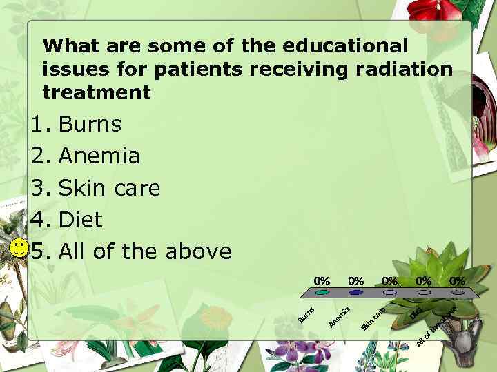 What are some of the educational issues for patients receiving radiation treatment 1. Burns