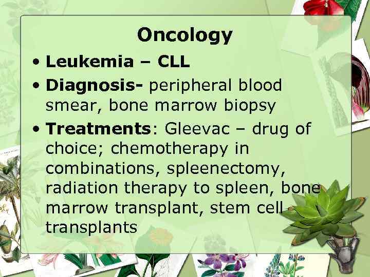 Oncology • Leukemia – CLL • Diagnosis- peripheral blood smear, bone marrow biopsy •