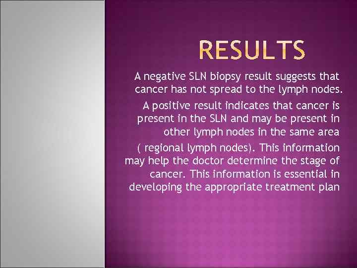 A negative SLN biopsy result suggests that cancer has not spread to the lymph