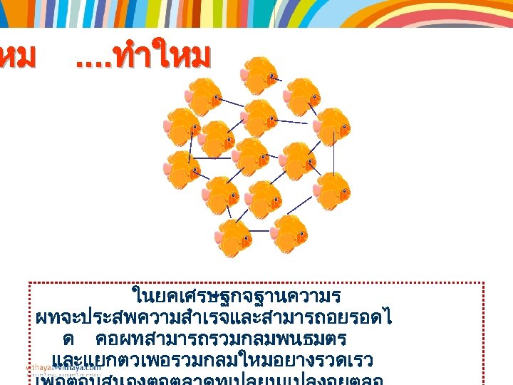 หม . . ทำใหม ในยคเศรษฐกจฐานความร ผทจะประสพความสำเรจและสามารถอยรอดไ ด คอผทสามารถรวมกลมพนธมตร และแยกตวเพอรวมกลมใหมอยางรวดเรว 