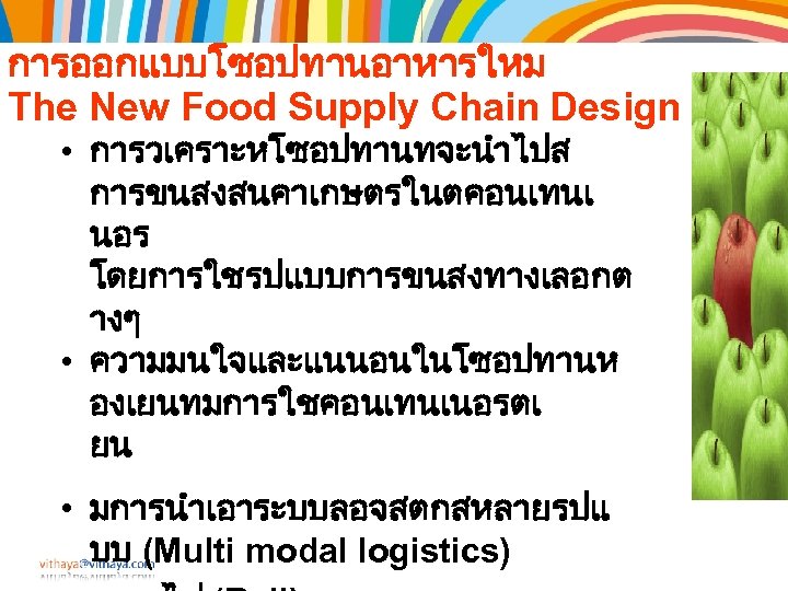 การออกแบบโซอปทานอาหารใหม The New Food Supply Chain Design • การวเคราะหโซอปทานทจะนำไปส การขนสงสนคาเกษตรในตคอนเทนเ นอร โดยการใชรปแบบการขนสงทางเลอกต างๆ •