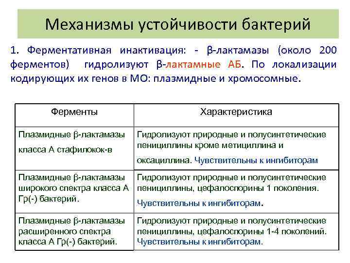 Механизмы устойчивости бактерий 1. Ферментативная инактивация: β лактамазы (около 200 ферментов) гидролизуют β лактамные