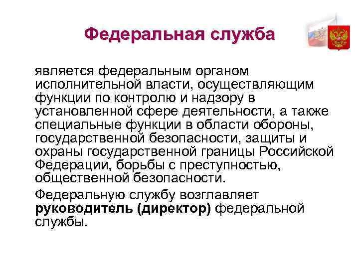 Федеральная служба является федеральным органом исполнительной власти, осуществляющим функции по контролю и надзору в