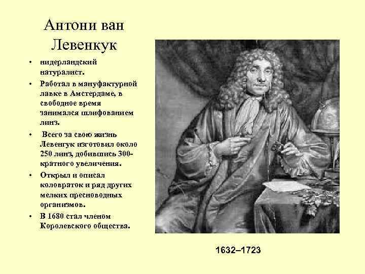 Антони ван Левенкук • • • нидерландский натуралист. Работал в мануфактурной лавке в Амстердаме,