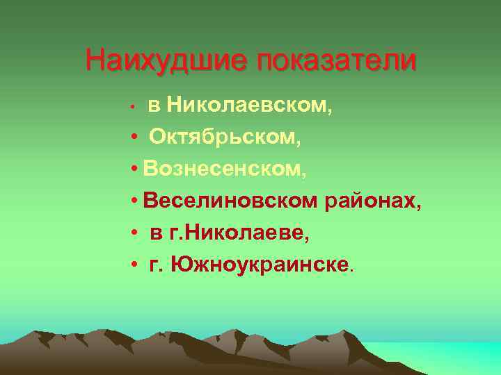 Наихудшие показатели • в Николаевском, • Октябрьском, • Вознесенском, • Веселиновском районах, • в