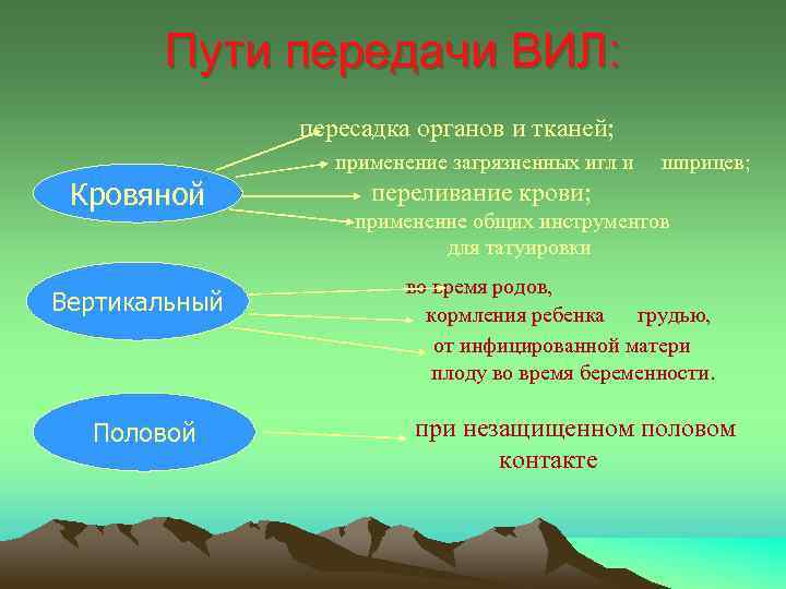 Пути передачи ВИЛ: пересадка органов и тканей; применение загрязненных игл и шприцев; переливание крови;