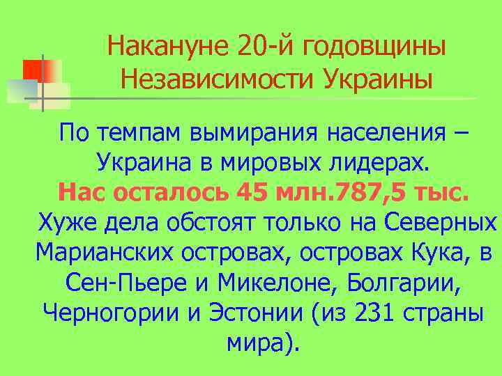Накануне 20 -й годовщины Независимости Украины По темпам вымирания населения – Украина в мировых