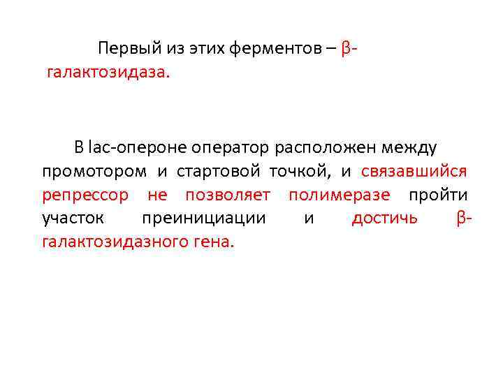 Первый из этих ферментов – βгалактозидаза. В lac-опероне оператор расположен между промотором и стартовой