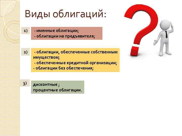 Виды облигаций: 1) - именные облигации; - облигации на предъявителя; 2) - облигации, обеспеченные