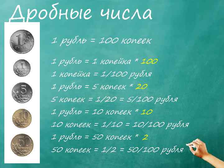 Дробные числа 1 рубль = 100 копеек 1 рубль = 1 копейка * 100