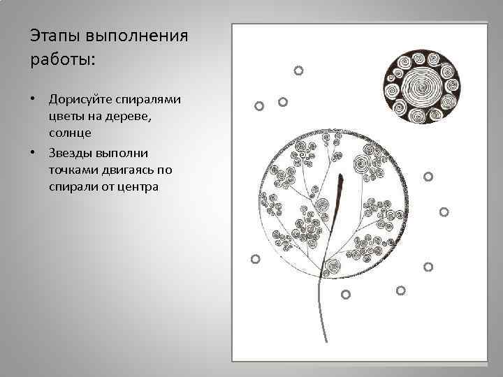 Этапы выполнения работы: • Дорисуйте спиралями цветы на дереве, солнце • Звезды выполни точками