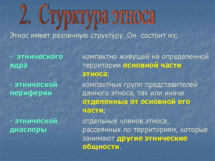 Этнос имеет различную структуру. Он состоит из: - этнического ядра - этнической периферии -