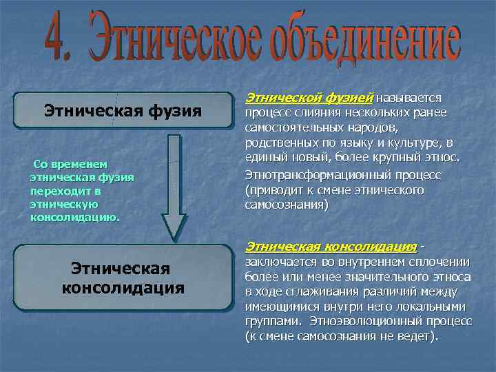 Этническая фузия Со временем этническая фузия переходит в этническую консолидацию. Этнической фузией называется процесс