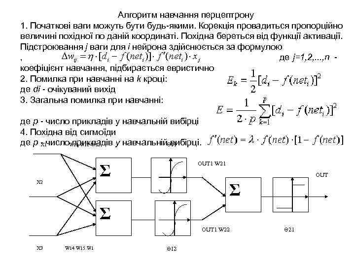 Алгоритм навчання перцептрону 1. Початкові ваги можуть бути будь-якими. Корекція провадиться пропорційно величині похідної