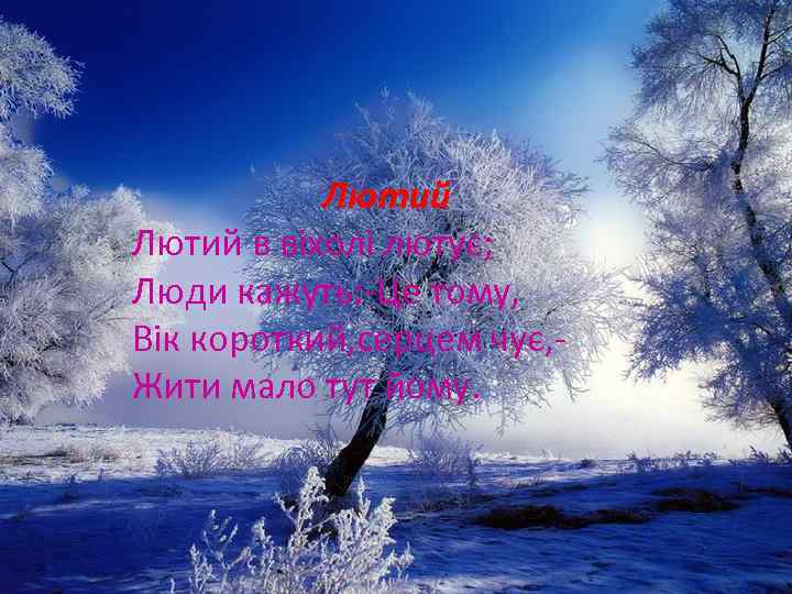 Лютий в віхолі лютує; Люди кажуть: -Це тому, Вік короткий, серцем чує, Жити мало