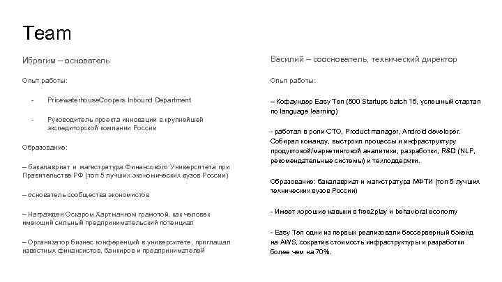 Team Ибрагим – основатель Василий – сооснователь, технический директор Опыт работы: - Pricewaterhouse. Coopers