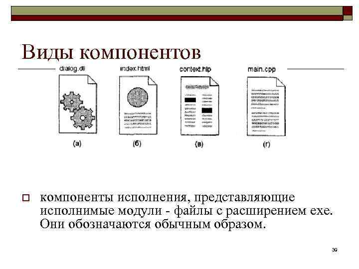 Виды компонентов o компоненты исполнения, представляющие исполнимые модули - файлы с расширением ехе. Они