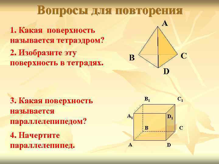 Вопросы для повторения 1. Какая поверхность называется тетраэдром? 2. Изобразите эту поверхность в тетрадях.