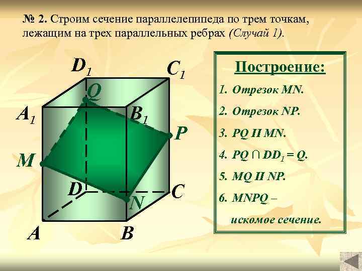 № 2. Строим сечение параллелепипеда по трем точкам, лежащим на трех параллельных ребрах (Случай