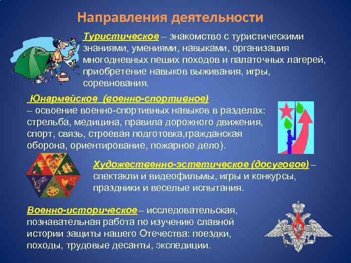 Направления деятельности Туристическое – знакомство с туристическими знаниями, умениями, навыками, организация многодневных пеших походов