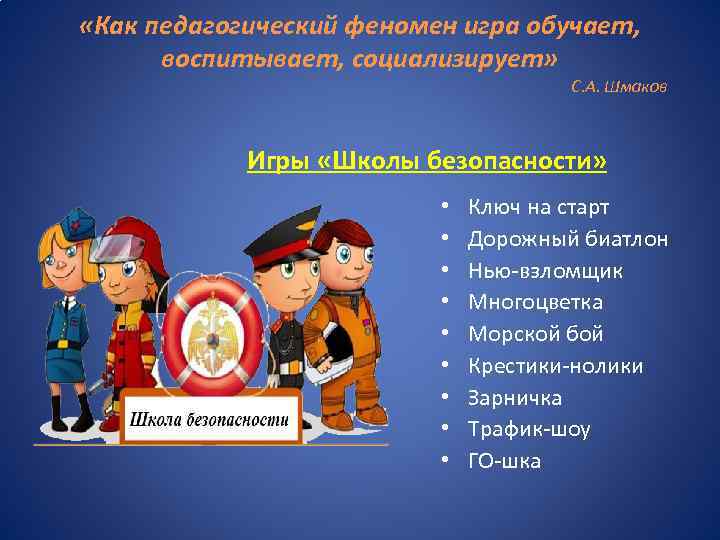  «Как педагогический феномен игра обучает, воспитывает, социализирует» С. А. Шмаков Игры «Школы безопасности»