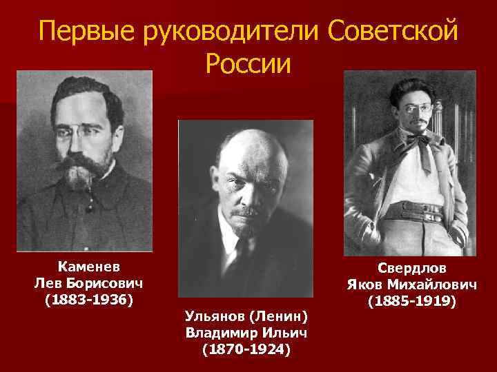 Первые руководители Советской России Каменев Лев Борисович (1883 -1936) Ульянов (Ленин) Владимир Ильич (1870