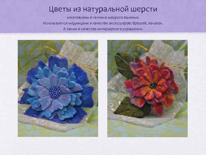 Цветы из натуральной шерсти изготовлены в технике мокрого валяния. Используются модницами в качестве аксессуаров: