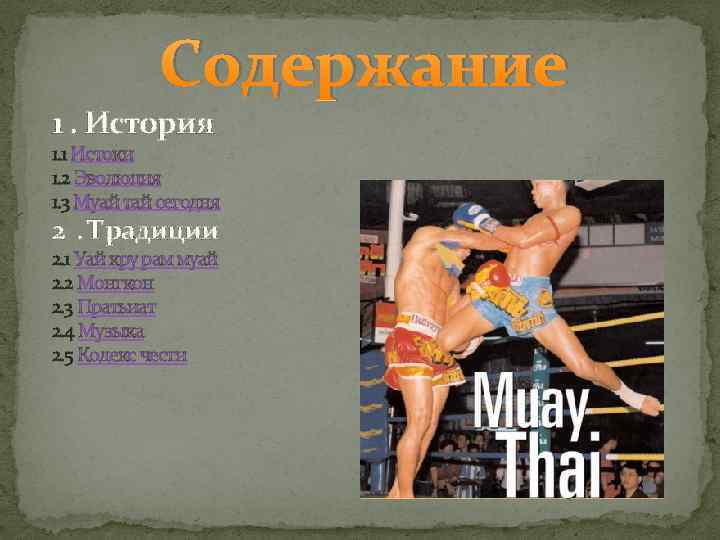 Содержание 1. История 1. 1 Истоки 1. 2 Эволюция 1. 3 Муай тай сегодня