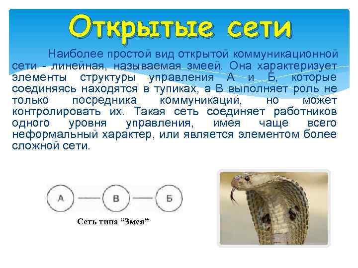 Открытые сети Наиболее простой вид открытой коммуникационной сети - линейная, называемая змеей. Она характеризует