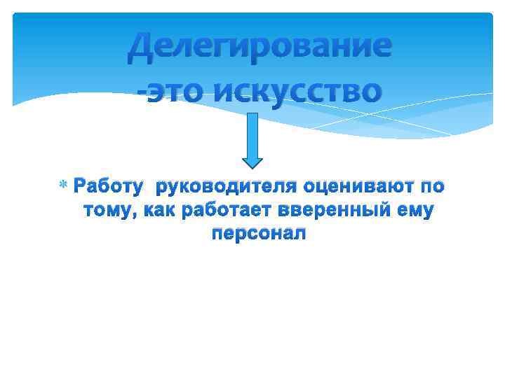 Делегирование -это искусство Работу руководителя оценивают по тому, как работает вверенный ему персонал 