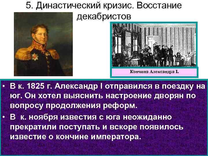 5. Династический кризис. Восстание декабристов Кончина Александра I. • В к. 1825 г. Александр