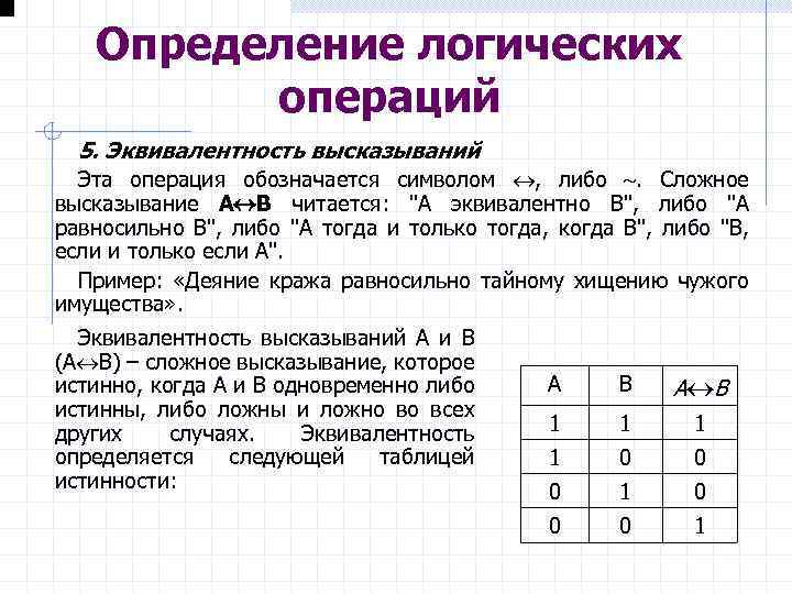 Определение логических операций 5. Эквивалентность высказываний Эта операция обозначается символом , либо . Сложное