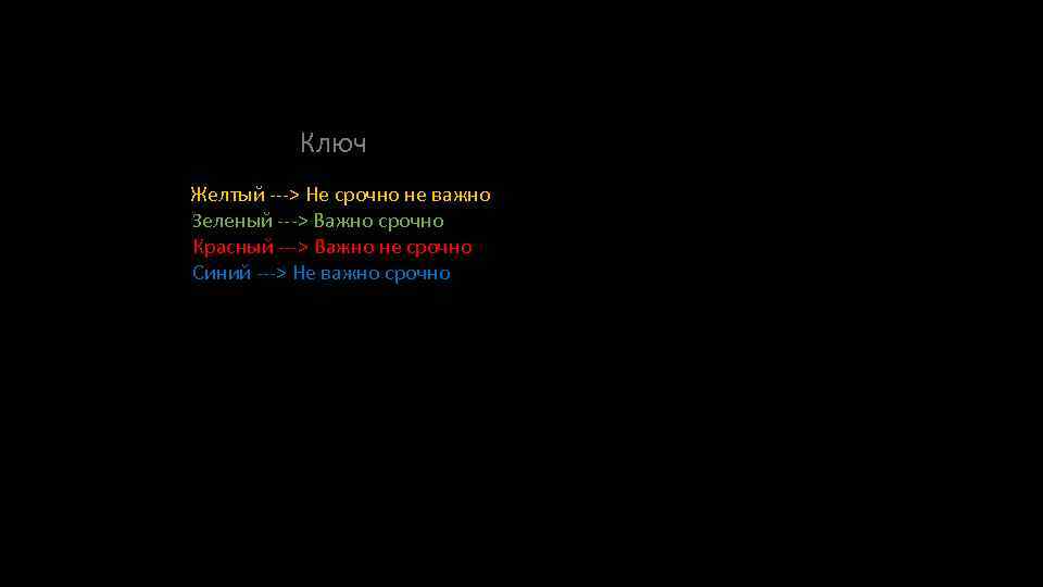 Ключ Желтый ---> Не срочно не важно Зеленый ---> Важно срочно Красный ---> Важно