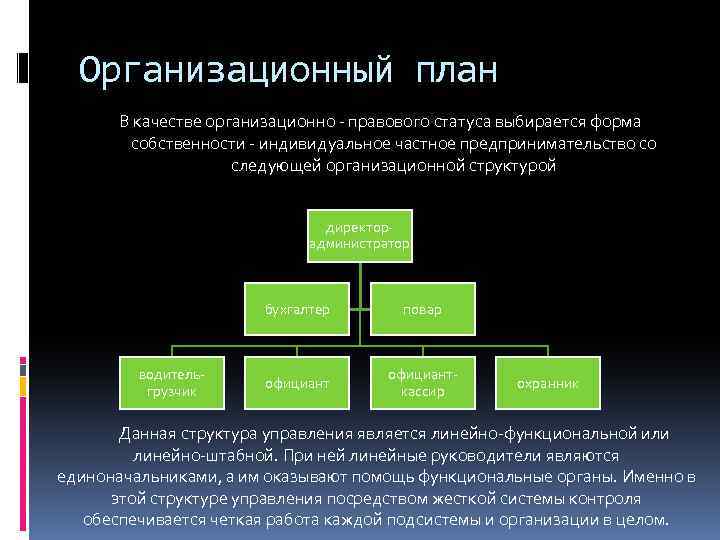Организационный план В качестве организационно - правового статуса выбирается форма собственности - индивидуальное частное