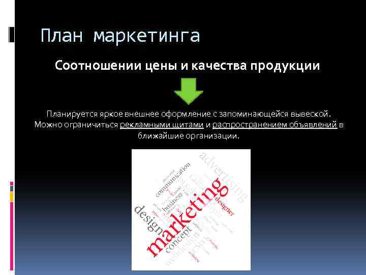 План маркетинга Соотношении цены и качества продукции Планируется яркое внешнее оформление с запоминающейся вывеской.