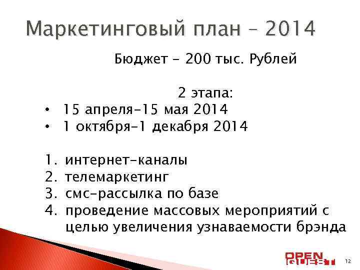 Маркетинговый план – 2014 Бюджет - 200 тыс. Рублей 2 этапа: • 15 апреля-15