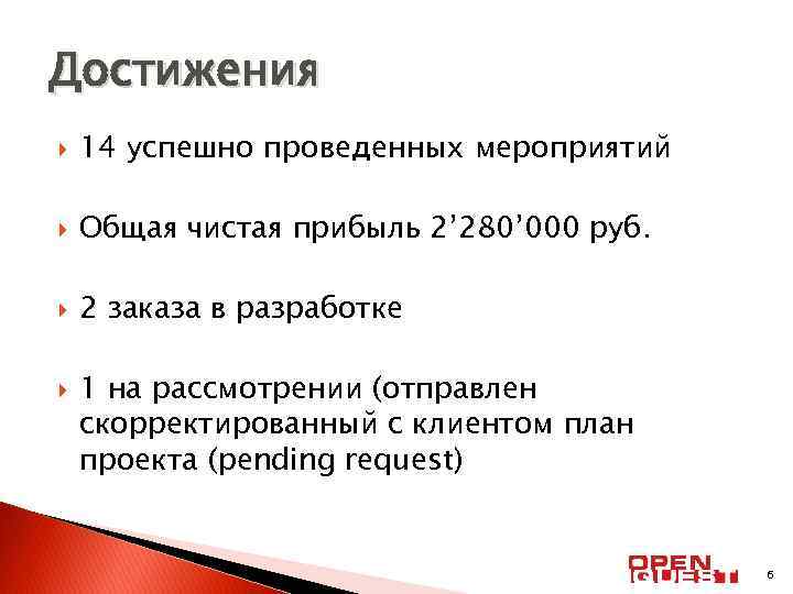 Достижения 14 успешно проведенных мероприятий Общая чистая прибыль 2’ 280’ 000 руб. 2 заказа