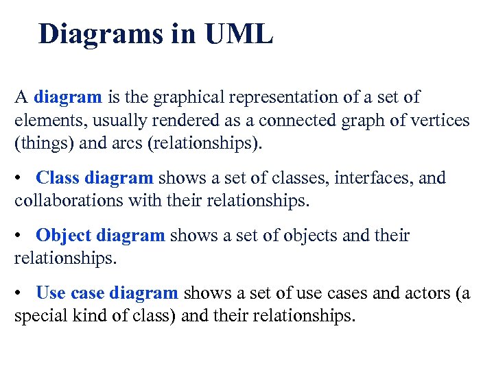 Diagrams in UML A diagram is the graphical representation of a set of elements,
