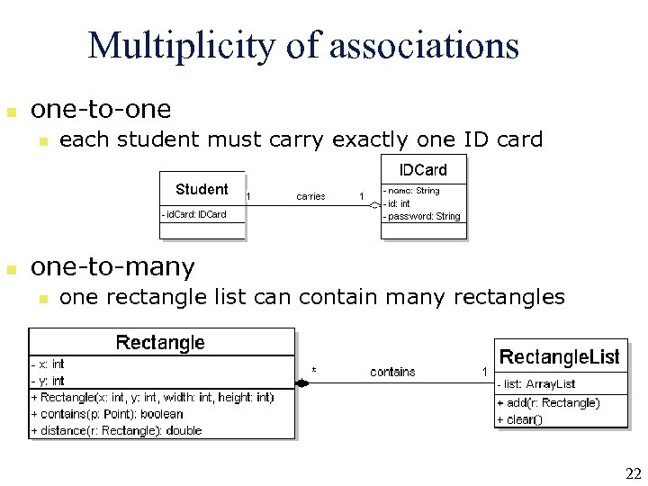 Multiplicity of associations n one-to-one n n each student must carry exactly one ID